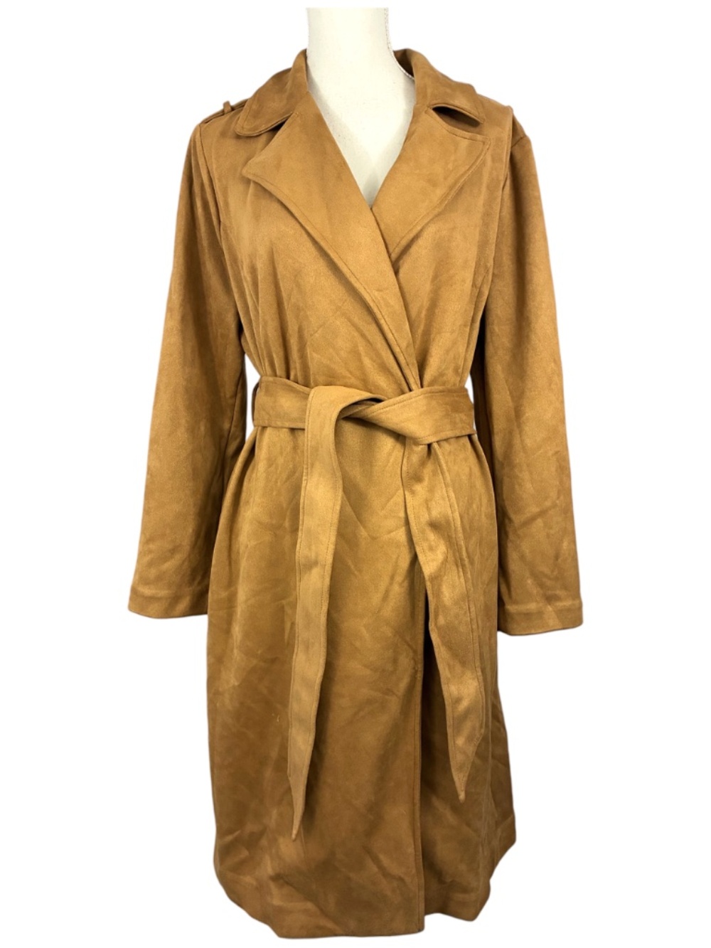 Camel Suede Trench Coat 0X L Long Notched Lapel Waist Tie Jacket Belted Brown